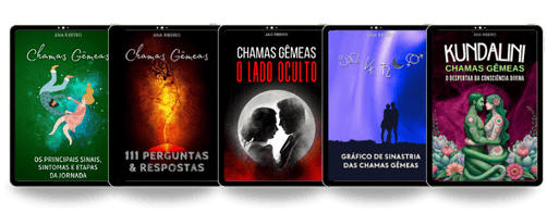 Capa do eBook "Chamas Gêmeas", apresentando duas chamas entrelaçadas em um fundo escuro, simbolizando a conexão intensa e espiritual entre chamas gêmeas.
